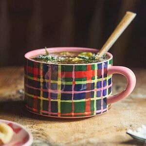 ❤️ Tartan Anthropologie Plaid Pink Soup Mug - NWT